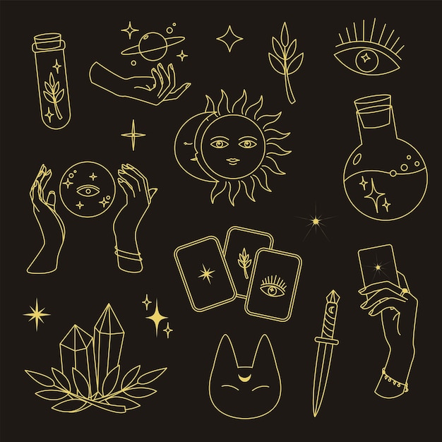 Elementos mágicos de Boho, lua de objetos de feitiçaria, olho, mãos, sol, linha simples, boêmio