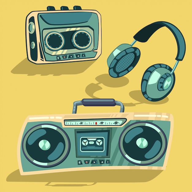 Elementos musicais retrô dos anos 80. leitor, rádio e cassete estéreo recoder, fones de ouvido conjunto de desenhos animados de vetor isolado