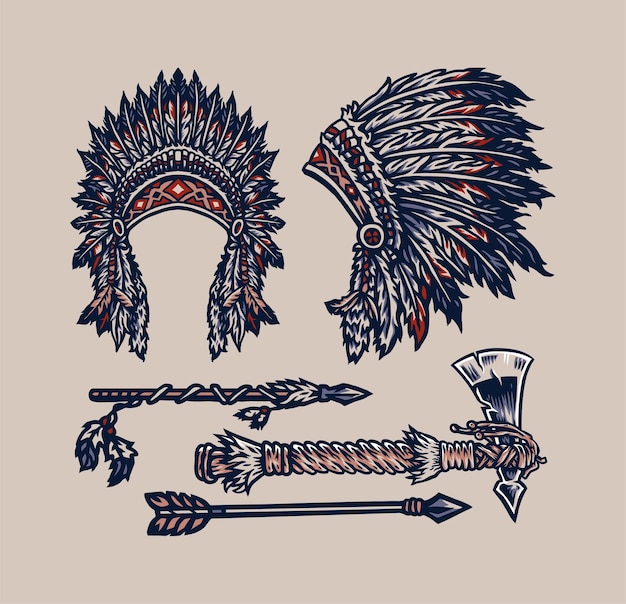 Vetor elementos nativos americanos, estilo de linha desenhada à mão com cor digital