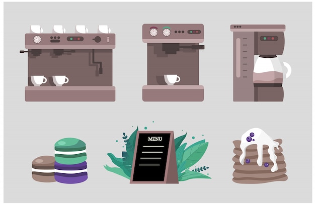 Elementos para uma cafeteria - um conjunto de máquinas de café diferentes e sobremesas de biscoito e panquecas.