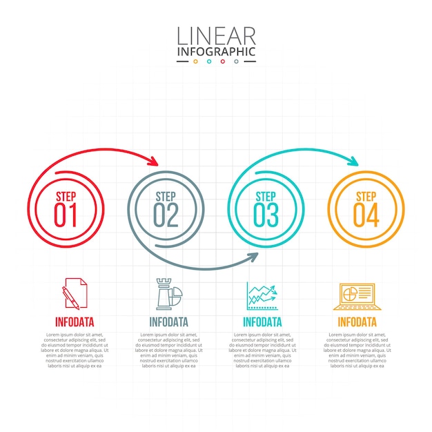 Elementos planos de linha fina para infográfico com 4 opções de etapas ou processos de peças