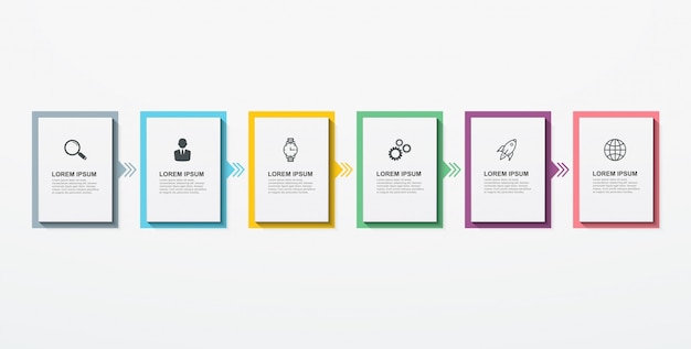 Elementos retangulares de infográfico de negócios com etapas de 6 opções.