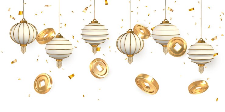 Vetor elementos tradicionais asiáticos em fundo branco moeda de ouro chinesa com buraco quadrado festivais chineses brilham lanternas ilustração vetorial