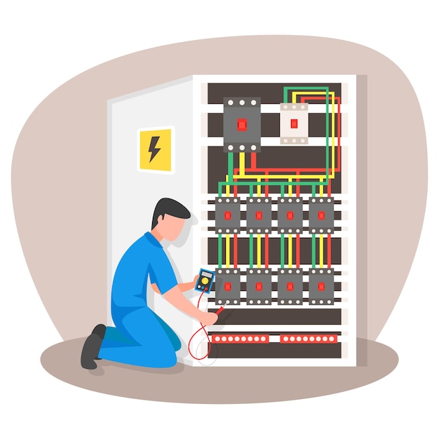 Vetor eletricista masculino reparando o componente de controle de máquina industrial, símbolo de profissão de eletricista