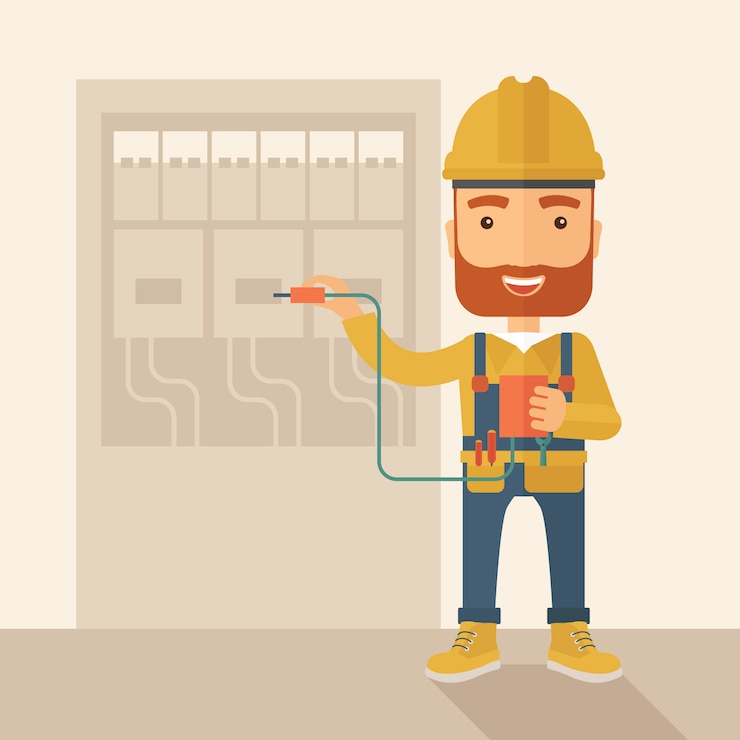 Vetor eletricista reparando um painel elétrico
