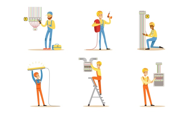 Eletricistas profissionais no trabalho Set de engenheiros elétricos em uniforme e hardhat Instalação e reparação de equipamentos elétricos Ilustração vetorial