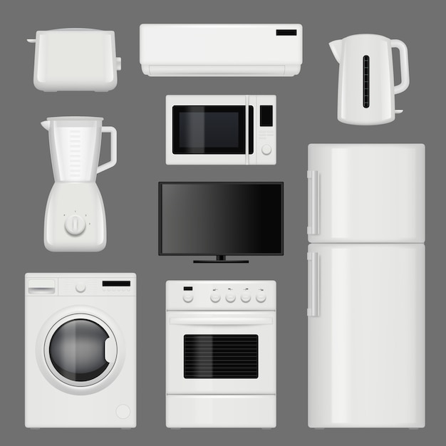 Eletrodomésticos realistas. Fotos de ferramentas de cozinha em aço inoxidável moderno isoladas