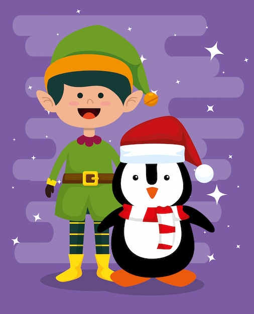 Vetor elf e pinguim para celebrar o feliz natal