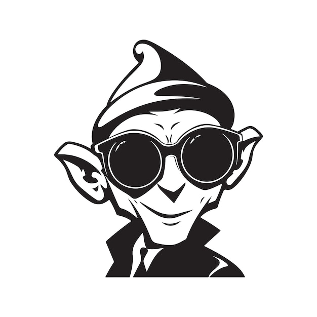 Elf usando óculos de sol logotipo vintage conceito de arte de linha cor preto e branco ilustração desenhada à mão
