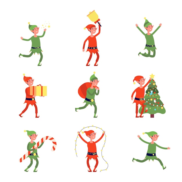 Elfos de natal. duende dos desenhos animados, ajudantes de papai noel achatado segurando um presente, uma bolsa, uma árvore. ilustração em vetor oficina de trabalhadores mágicos de feriado alegre bonito. elfo personagem de natal, feriado anão de inverno