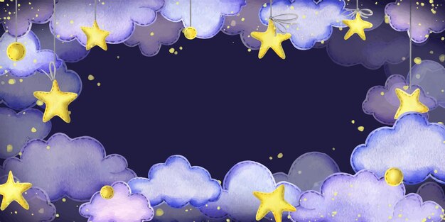 Vetor em branco com estrelas e nuvens contra o fundo do céu azul da noite aquarela desenhada à mão