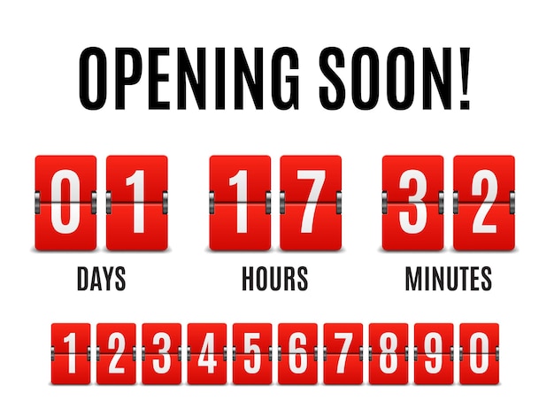 Em breve cronômetro contagem regressiva flip board flip contagem regressiva contador de relógio vector timer cronômetro 3d números isolados de um a zero dias horas e minutos venda de promoção de abertura de loja