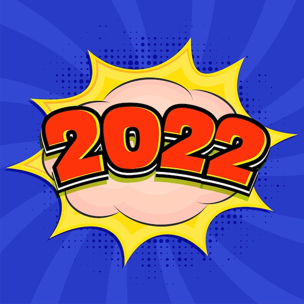 Em camadas 2022 número sobre explosão em quadrinhos e efeito de meio-tom sobre fundo de raios de redemoinho azul para o conceito de ano novo.
