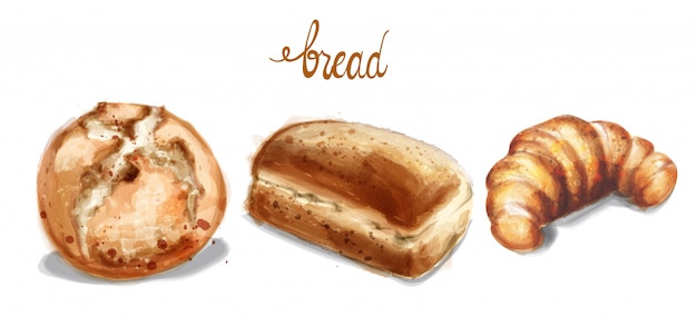 Em ilustração de conjunto de pão em aquarela