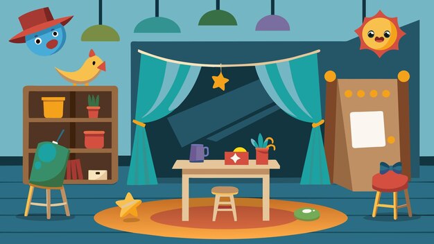 Em um canto da sala, uma mesa de artesanato é montada com vários adereços e trajes que permitem que as crianças