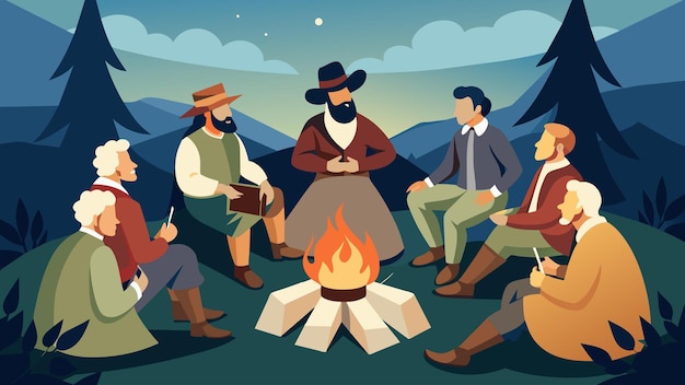 Em um cenário rústico, um grupo de reenactors retratando os pais fundadores sentam-se em torno de uma fogueira