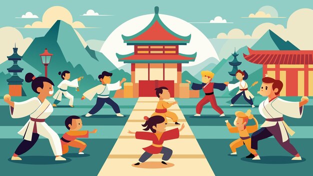 Em um dojo da cidade lotado, estudantes de diferentes idades e origens aprendem a arte do kung fu, um antigo