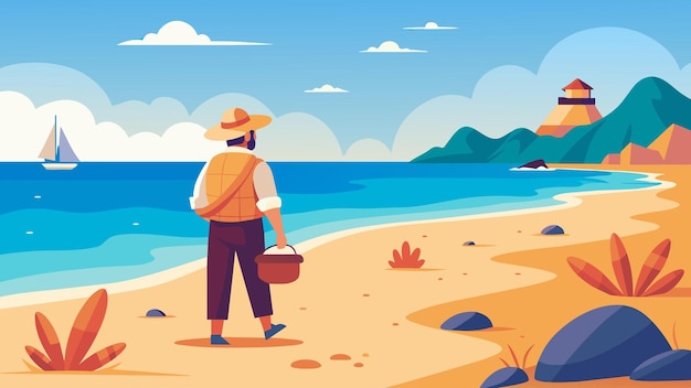 Vetor em uma cidade costeira virtual, o explorador faz um passeio tranquilo pela praia, coletando conchas.