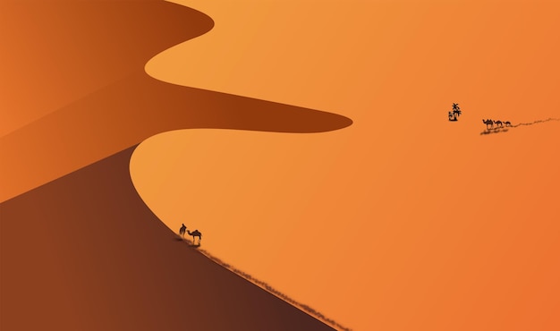 Em uma duna do deserto com um homem com um camelo em primeiro plano ilustração vetorial
