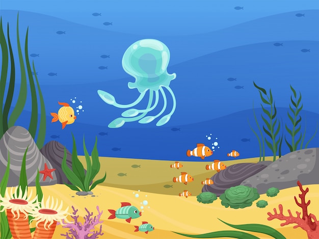 Embaixo da agua. Fundo de vida marinha com peixes e plantas aquáticas algas Cartum paisagem