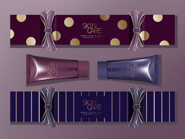 Vetor embalagem de caixa de biscoito de presente sazonal com fita de gorgorão. teste padrão azul & roxo, listra & ponto. creme metálico para mãos.