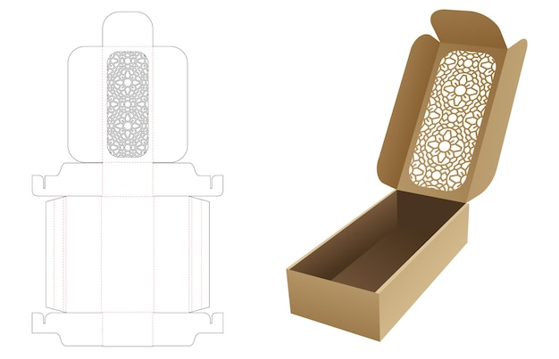 Embalagem de flip longa com modelo de corte e vinco de janela de padrão estampado e maquete 3d