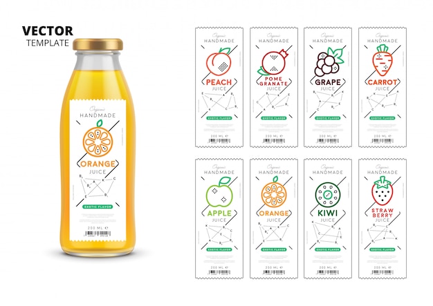 Embalagem de garrafa de vidro realista de suco fresco com conjunto de etiquetas