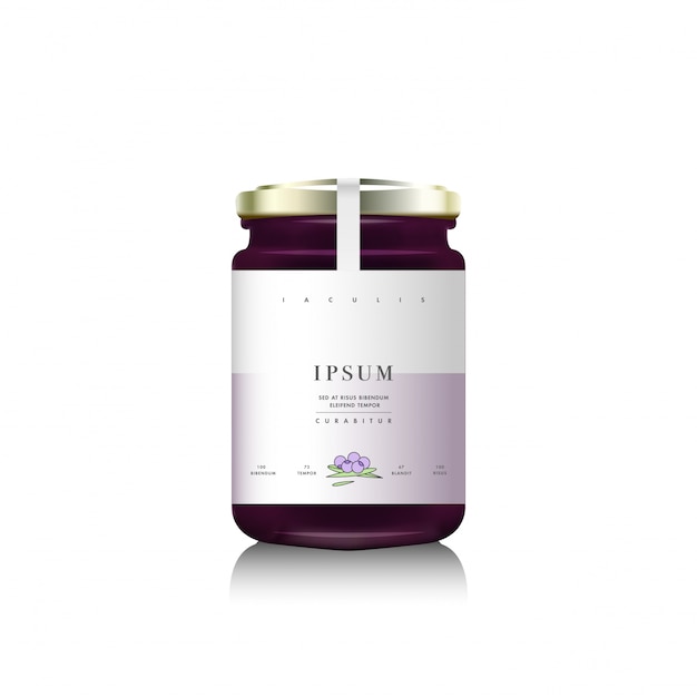 Embalagem de garrafa de vidro realista para design de geléia de frutas. Geléia de figo com etiqueta do projeto, tipografia, ilustração de figos de desenho de linha.