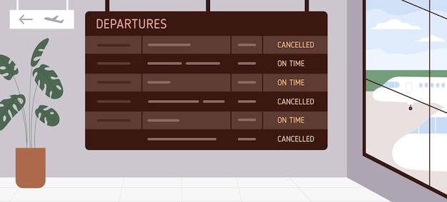 Embarque de embarque no aeroporto com voos cancelados e dentro do previsto. horário do avião exibindo horários e destinos abstratos. o placar no terminal com informações. ilustração vetorial plana