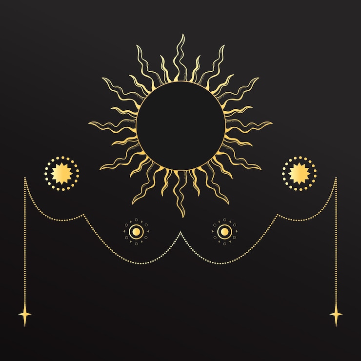 Vetor emblema celeste dourado com um sol decorado com uma guirlanda