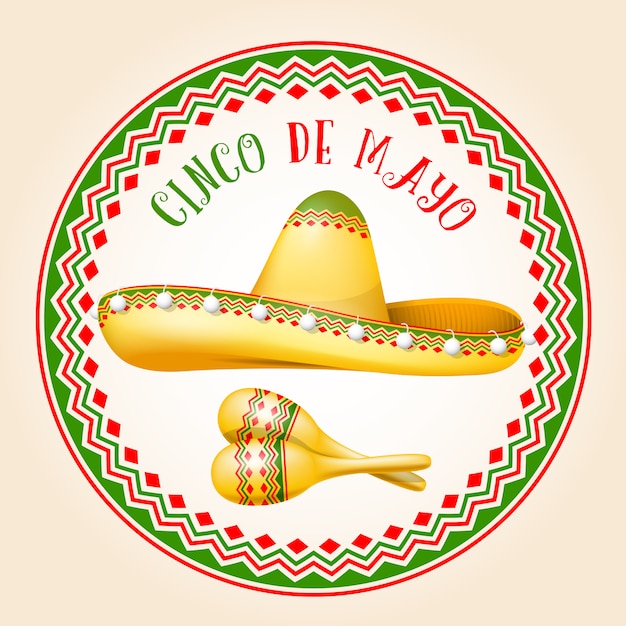 Vetor emblema cinco de mayo - sombrero mexicano e maracas