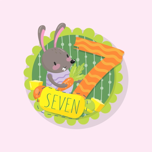 Emblema colorido com coelhinho e número 7 sete Aprenda a contar Bom para iniciantes em matemática Design vetorial plano para cartão de educação infantil ou adesivo