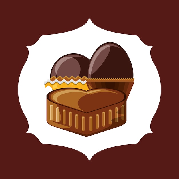 Vetor emblema com coração de chocolate e ícone de trufas sobre fundo marrom