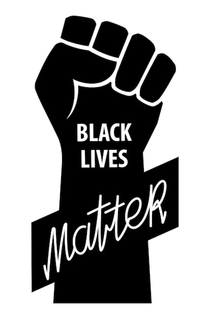 Vetor emblema conceitual contra o racismo o símbolo do movimento black lives matter é uma mão apertada em um punho letras de caligrafia ilustrações vetoriais