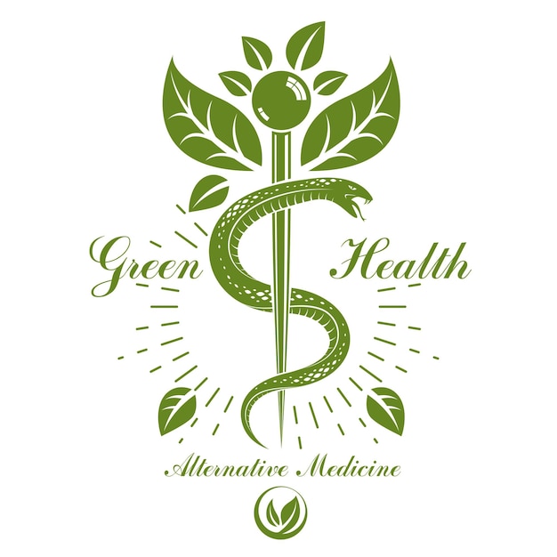 Emblema conceitual de vetor caduceu criado com cobras e folhas verdes. metáfora de bem-estar e harmonia. conceito de medicina alternativa, logotipo de fitoterapia.