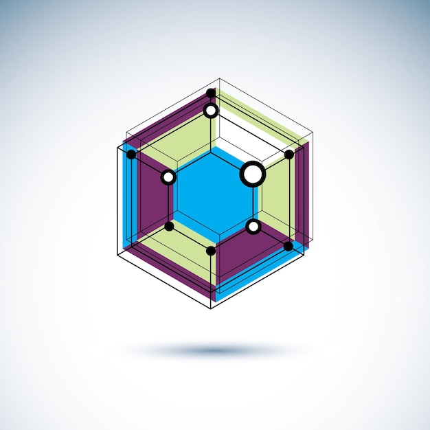 Emblema corporativo de tecnologia. Objeto geométrico abstrato 3D facetado, ilustração em vetor tema ciência digital.