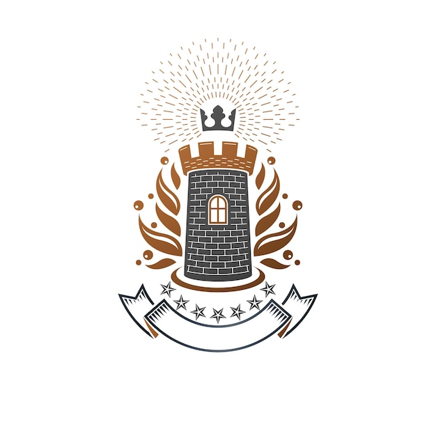 Emblema da fortaleza antiga. brasão de armas heráldico, logotipo de vetor vintage. logotipo antigo em estilo antigo em fundo branco isolado.