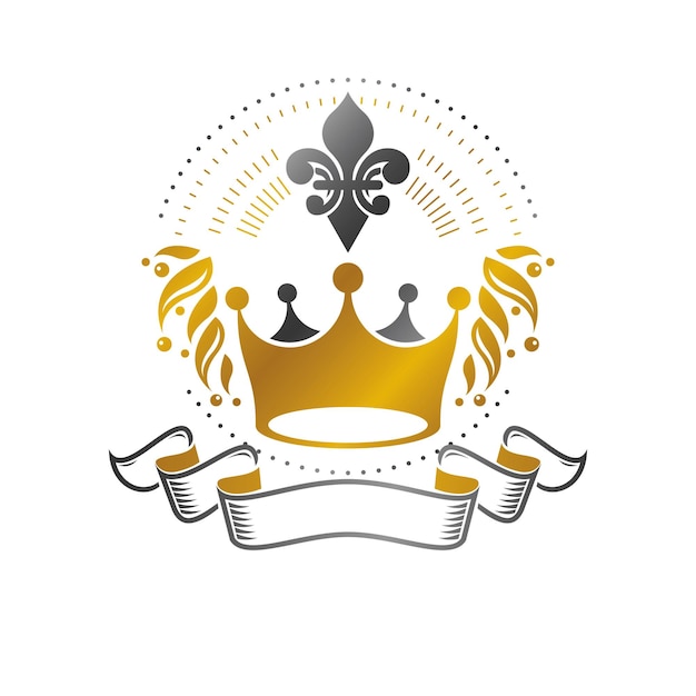 Emblema da Majestic Crown. Ilustração em vetor logotipo decorativo isolado do brasão heráldico. Logotipo ornamentado em fundo branco.