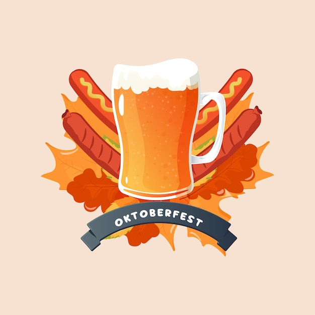 Emblema da Oktoberfest salsicha de cerveja e fundo frondoso