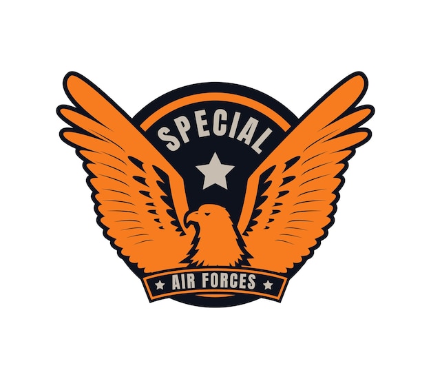 Emblema de águia com asas e estrela emblema militar design logotipo das forças aéreas especiais com cores laranja e preta insígnia militar e ilustração vetorial de tema de aviação