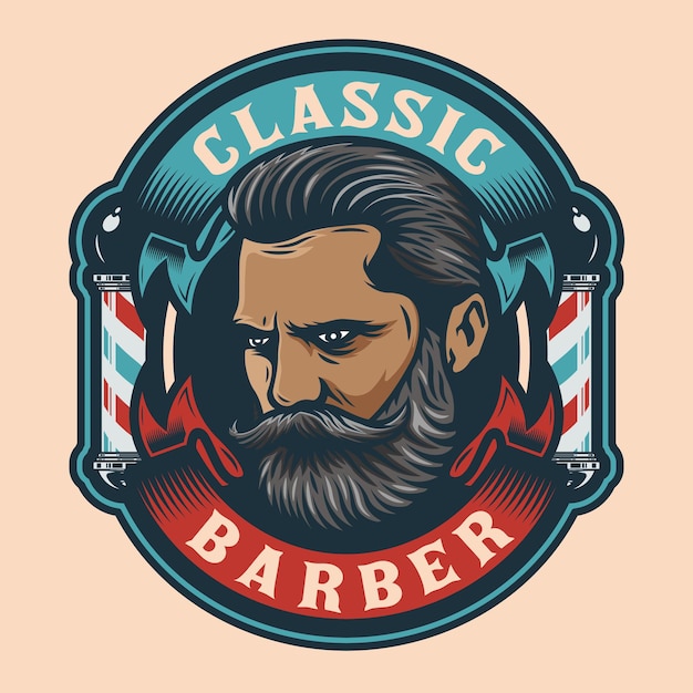 Emblema de barbearia com homem de barba e poste