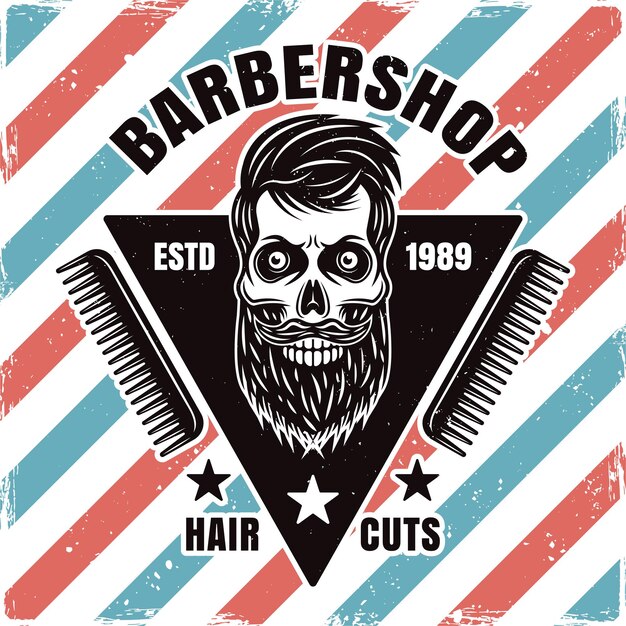 Emblema de barbearia, etiqueta, crachá ou logotipo com ilustração isolada de crânio barbudo e pentes com texturas removíveis