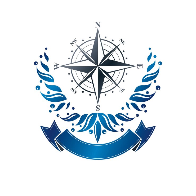 Vetor emblema de bússola de navegação, tema de orientação geográfica. elemento de design vetorial heráldico, símbolo de exploração. rótulo de estilo retrô, logotipo de heráldica.