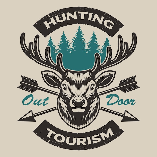 Emblema de caça vintage com um cervo e setas cruzadas, também perfeito para o design de camisetas e logotipos
