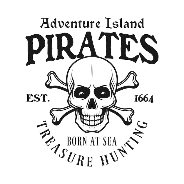 Emblema de caveira e ossos de pirata em estilo vintage isolado no branco