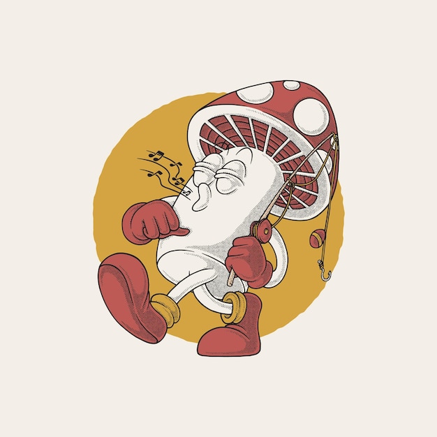 Emblema de desenho animado retro de cogumelo segurando vara de pesca