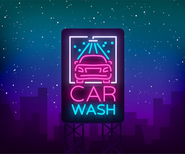 Emblema de design de logotipo de lavagem de carro em ilustração vetorial de estilo neon modelo de sinal luminoso sobre o tema de lavar carros