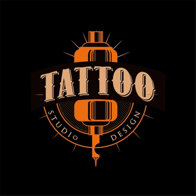 Vetor emblema de estilo retrô de design de estúdio de tatuagem com ilustração vetorial de máquina de tatuagem em um fundo preto