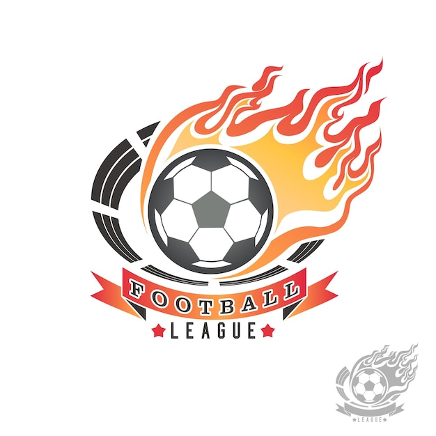 Vetor emblema de futebol com bola em chamas de fogo e arena de esportes isoladas imagens coloridas ilustração vetorial