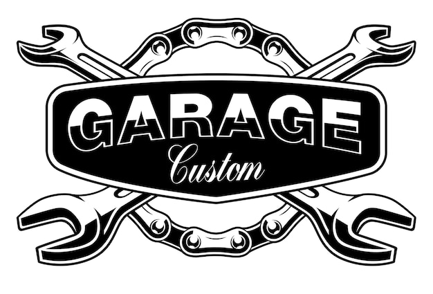 Emblema de garagem com corrente de motocicleta e chaves em fundo branco. O texto está no grupo separado.